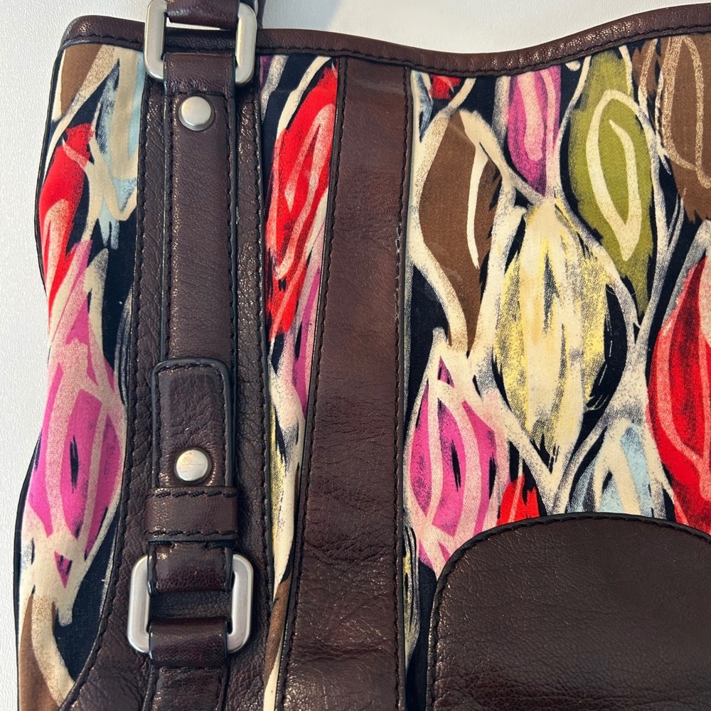 Vintage Fossil Fifty Four Brown Italian Leather & Tapestry Bag Artisan Boho - Picture 3 of 7